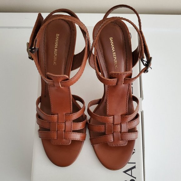Banana Republic Leather Ankle Strap 3.5" Wood Heel Sandals | NWT | 7M | Tobacco - Picture 14 of 16